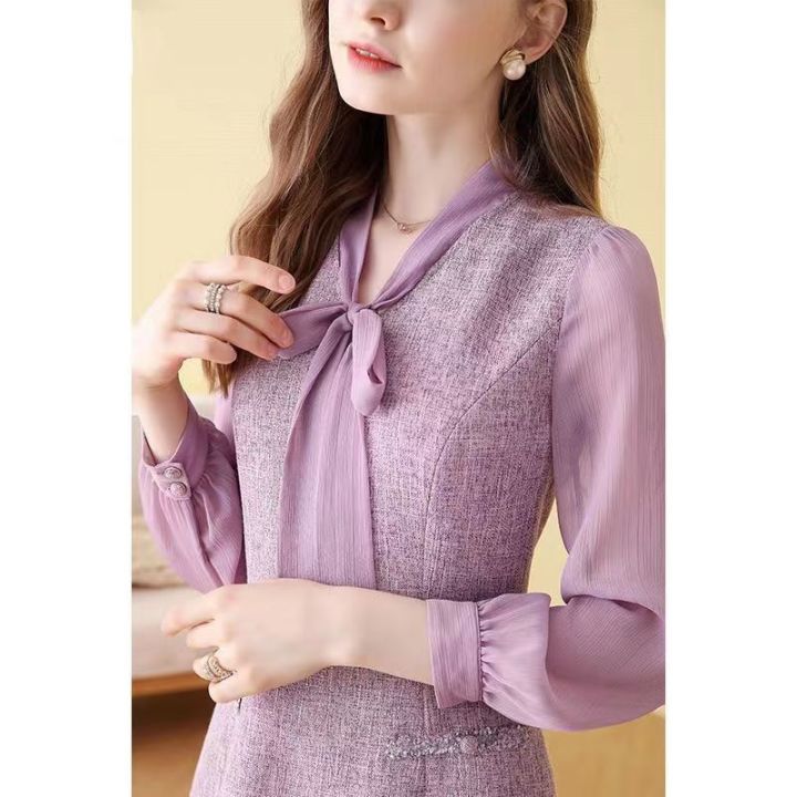 top-สีม่วง-tweed-little-fragrant-ชุด2022ฤดูใบไม้ร่วงใหม่ขนาดใหญ่-lady-temperament-neckline-ชุดแฟชั่นอายุลด-a-line-ชุดสำคัญโอกาส-dress