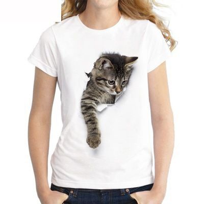 เสื้อยืดแขนสั้นผู้หญิง Ripped Paper Cat 3D Cat Tshirt Women S Short Sleeve Loose Print Clothes Women S Clothing