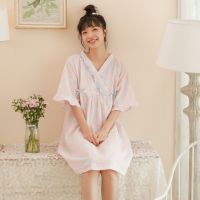 [COD] Nightdress womens summer short-sleeved V-neck gauze nightdress sweet girl home service spot wholesale