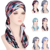 【CC】❀  Muslim Printed Pre-tied Headscarf Elastic Female Turban Cancer Chemo Hat Hair Loss Cover Wrap Headwear Stretch Bandan