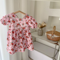 2022 Summer Girls rose print short sleeve dress Baby Girl fashion square collar backless dress