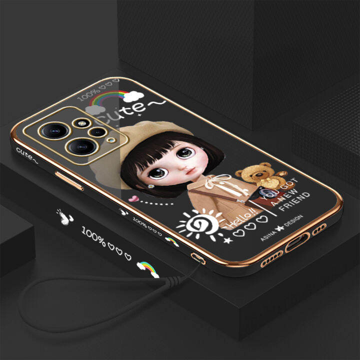 คลังสินค้าพร้อม-เคสเคสมือถือสำหรับ-xiaomi-redmi-note-12-4g-พร้อมฟรีสายคล้อง-การ์ตูนสาวน่ารักขอบสี่เหลี่ยมชุบเคลือบฝาหลังนิ่ม