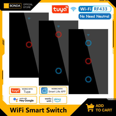 Tuya WiFi สมาร์ทสวิตช์ไฟ RF433ไม่มีสายกลางที่จำเป็นผนังสวิทช์เซ็นเซอร์สัมผัสการควบคุมเสียงทำงานร่วมกับ Alexa Home