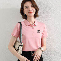 ADIDASeˉ    ของมาใหม่ Polo เสื้อยืดแขนสั้นผ้าไหมน้ำแข็งสำหรับผู้หญิงเสื้อยืดเปิดไหล่มีปกเสื้อแบบเรียบเสื้อยืดลาเพล