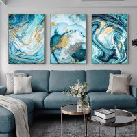 Unframed Golden Blue Marbling Wall Art ภาพวาดผ้าใบและโปสเตอร์สำหรับตกแต่งห้องนั่งเล่นที่ทันสมัย