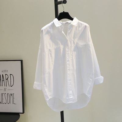 ❡∈ Clearance leakage Special counter foreign trade cutting label spring and autumn double pocket short front and long back white loose casual cotton shirt for women