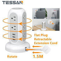 1.5M Retractable Extension Cord Flat Plug Power Strip Tower, TESSAN Ultra Thin, Surge Protector 11 Outlets with 3 USB Charging Station, 1050J, Office Supplies, Desk Accessories, Dorm Essentials