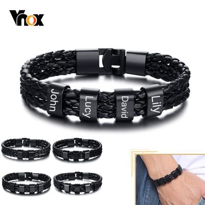Vnox Personalize Family Name Bracelets for Men Black Layered Braided Leather with Stainless Steel Charms Custom Christmas Gift