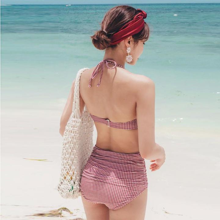fashionjeans-ชุดว่ายน้ำหญิง-ทูพีช-เอวสูง-ลายสก๊อตสีแดง-น่ารัก-เซ็กซี่-sexy-bikini-two-pieces-ym1831