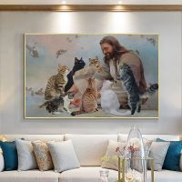 2023∏❇ God Surrounded By Cats Angels Canvas Print Poster Jesus Wall Art Cozy Picture for Christian Gift Living Room Home Decor Cuadros