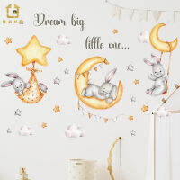 Watercolor Cartoon Cute Bunny Gold Moon Stars Wall Stickers for Kids Room Baby Nursery Room Wall Decals Home Decorative Stickers