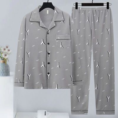 MUJI High quality 100  cotton pajamas mens spring and autumn new long-sleeved high-end mens thin spring and summer cotton home service set