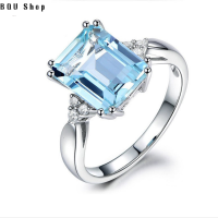 BQU Shop Cross-Mirror New Topaz ยุโรปและอเมริกาแหวนไฮเอนด์แหวนเพชรหมั้นสี่เหลี่ยมสีน้ำเงินโอเชียนเครื่องประดับที่มีสีสัน
