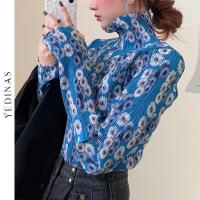 Yedinas Japanese Style Turtleneck Blouses Women Floral Print Long Sleeve Shirt Chic Pleated Design Ladies Elegant Tops Korean