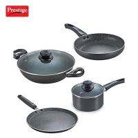 Prestige Omega Granite Aluminium Kitchen Set, 4-Pieces, BlackFry PanKadaiMilk PanTawa