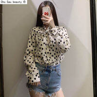 Early Autumn New Vintage Fashion Polka-Dot Long-Sleeve Drape Tops O-Neck Lace-Up Single-Breasted Loose Shirt Women Casual