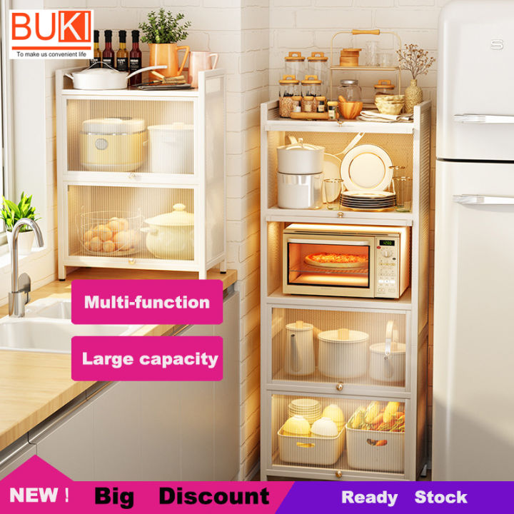 Simple Carbon Steel Kitchen Cabinets Floor Rack with Flip Door  Multi-function Microwave Oven Storage Cabinet