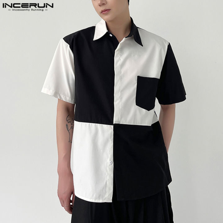 incerun-เสื้อบุรุษ-patchwrok-เสื้อแขนสั้นเสื้อยืดคาร์โก้เสื้อพรรค-สไตล์เกาหลี