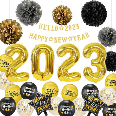 Jollyboom การตกแต่งปีใหม่2023สีดำและสีทองสวัสดี2023แบนเนอร์สุขสันต์วันปีใหม่ปอมปอมลูกโป่งสำหรับงานเลี้ยงปีใหม่