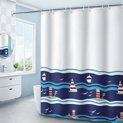 Cartoon sailing pattern waterproof polyester thickened shower curtain with ring hook