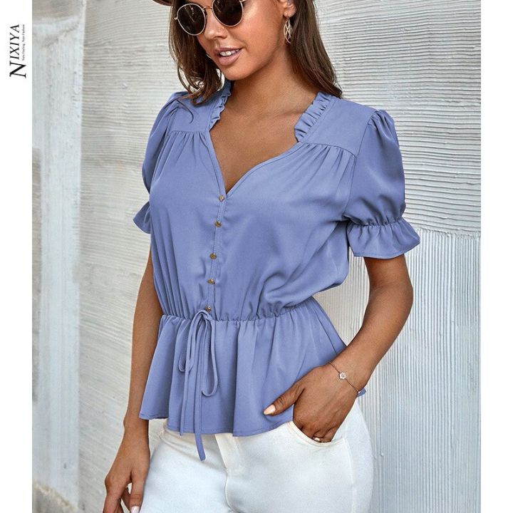 women-solid-button-waist-retraction-shirts-v-collar-short-sleeve-high-waist-french-lace-up-autumn-female-casual-fashion-blouse