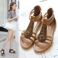 CODff51906at 36-42 Strappy Sandals Gemstone Beading Leather Zipper Flat Low Heel Womens Dinner Flatshoes Office Wear