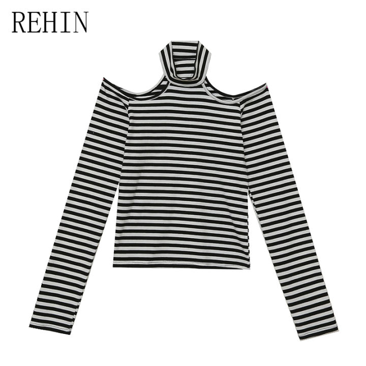rehin-เสื้อยืดแฟชั่นผู้หญิง-เสื้อยืดแฟชั่นลายทางฉลุลายทางเข้ารูปพอดี2023ฤดูใบไม้ร่วง