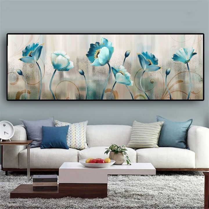 ดอกไม้สีฟ้านามธรรมผ้าใบภาพวาดดอกไม้-quadro-โปสเตอร์พิมพ์-cuadros-ภาพผนังสำหรับห้องนั่งเล่นตกแต่งบ้าน