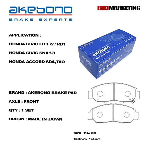 Akebono Front Brake Pad Honda Civic 1/2/RB1/Civic SNA 1.8/Honda Accord