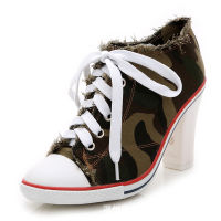 Women Canvas Shoes Denim High Heels Camouflage Shoes Fashion Shoe Laces Sneakers Women Short Boots