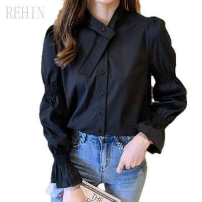 REHIN เสื้อเชิ้ตแขนยาวสไตล์ฝรั่งเศส,เสื้อทำงานทรงหลวมเข้ารูปสีดำสีพื้น