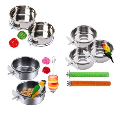 Stainless Steel Bird Feeder Bowl Set Parrot Food Bowl Feeding Coop Cups Clamp Water Cage Dish with Fruit Skewer Holder for F2TB