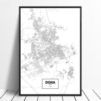 ที่กำหนดเองโลกเมืองแผนที่โปสเตอร์ผ้าใบพิมพ์ของโดฮา,กาตาร์ในสีดำและสีขาวสำหรับสไตล์นอร์ดิกผนังศิลปะตกแต่งบ้าน