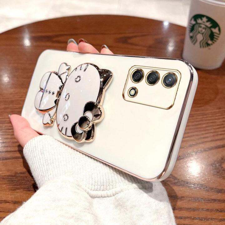 folding-makeup-mirror-phone-case-for-oppo-a74-4g-reno-6-lite-4g-a95-4g-f19-f19s-4g-case-fashion-cartoon-cute-cat-multifunctional-bracket-plating-tpu-soft-cover-casing