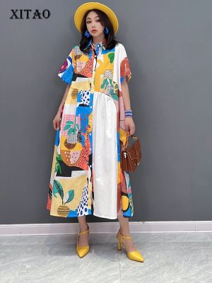XITAO Print Dress Irregular Casual Print Shirt Dress Fashion Women