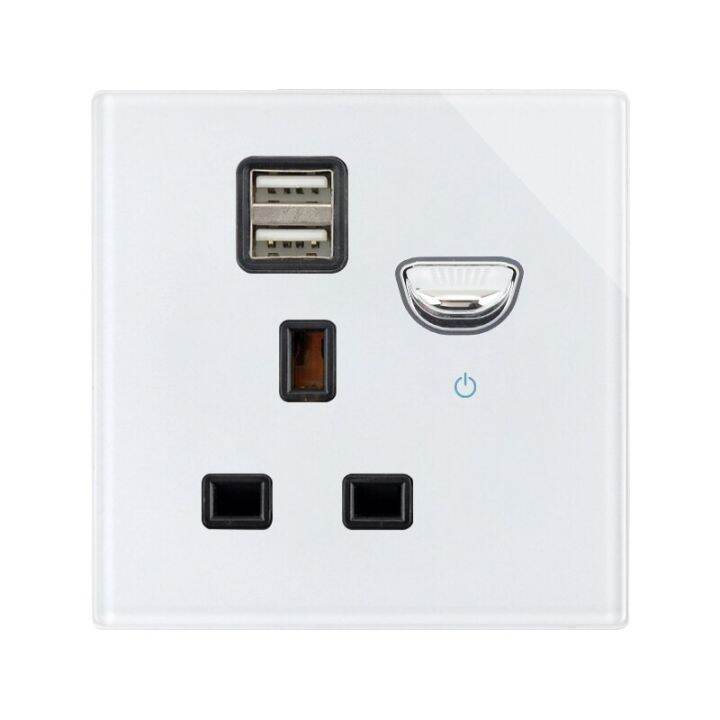 Double Socket Glass Outlet Wall Malta USB Plug 13A Ireland UK With White Switch Singapore Power