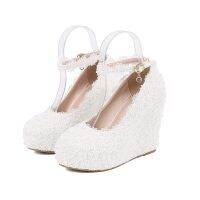 CODwumei04 XJBXX · 2022 Spring Buckle Wedge Heel Lace White Wedding Shoes Low-Cut Round Toe Womens Daily Formal High Heels