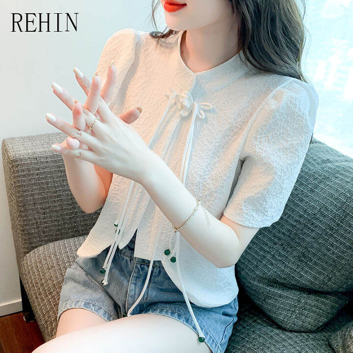 rehin-women-s-top-courtly-single-row-plate-button-tassel-short-sleeve-shirt-traditional-retro-elegant-blouse