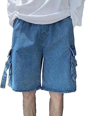 Mens Streetwear Multi-Pocket Short Pants Elastic Waist Straight Denim Shorts Loose Cargo Summer Jean Shorts