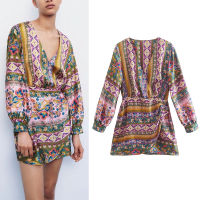 ZA Spring 2022 Women Vintage Print Mini Dress Long Sleeve V Neck Ladies Short A-Line Chic Female Dresses Vestidos