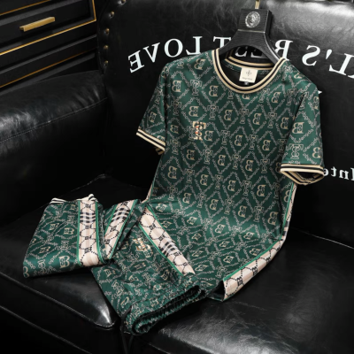 ▪✠ hnf531 Yushu European Station Ice Silk suit Mens Printed Sports suit Summer New Set Loose Relaxed suit Mens