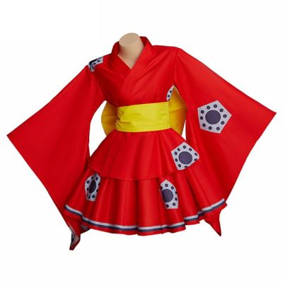 FLATE สีแดงเเดง ชุดคอสเพลย์ลูฟี่ ประเทศ wano อะนิเมะ Monkey D ชุดกระโปรงเสื้อคลุม พร้อมเข็มขัดรัด ชุดกิโมโนกิโมโน สำหรับผู้หญิง