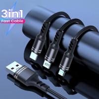 3 In 1 USB Type C สายเคเบิลไมโคร USB USB ที่ชาร์จสำหรับไอโฟน14 13 12 X Pro Samsung สูงสุด Xiaomi สายไฟข้อมูลโทรศัพท์มือถือ PCPO 1.2เมตร