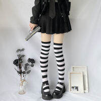 สีดำและสีขาวแถบยาวเข่าถุงเท้ายาวคอสเพลย์ japanese anime punk thigh stockings jk stockings