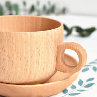 Beech Wood Coffee Cup Saucer Set, Solid Wooden Handle Water Tea Milk Mug with Dish Coaster Spoon Natural for Home Kitchen Table