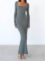 Chronstyle Women Slim Long Dress สีทึบคอเหลี่ยมแขนยาวฤดูใบไม้ผลิฤดูใบไม้ร่วงกลับแยกชุดราตรี vestidos 2023