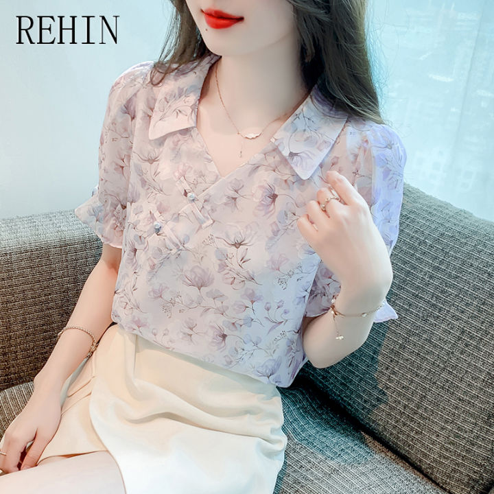 rehin-เสื้อผู้หญิงพิมพ์ลายเสื้อชีฟอง-เสื้อเบลาส์เสื้อแขนสั้นมีกระดุมการออกแบบที่ไม่เหมือนใครหรูหรามาใหม่ฤดูร้อน