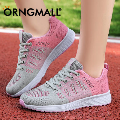ORNGMALL รองเท้าคู่ผู้หญิง,รองเท้ากีฬาลำลองรองเท้าลูกไม้ตาข่ายกลมสายคาด Sepatu Kets Datar คู่รักรองเท้าวิ่งที่มีน้ำหนักเบา