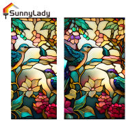 SunnyLady ฟิล์มหน้าต่างกระจกสีลายดอกฮัมมิงเบิร์ดหลากสีแบบย้อนยุคฟิล์มภาพยนตร์ความเป็นส่วนตัวไม่ติดติดแบบไฟฟ้าสถิตเพื่อตกแต่ง