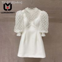 ✖✸ n4rn LUXE ENVY 2023 Primavera/Verão Moda Splice Cintura Alta Fino Design Sentindo Talão Vestido de Manga Curta Tendência das Mulheres